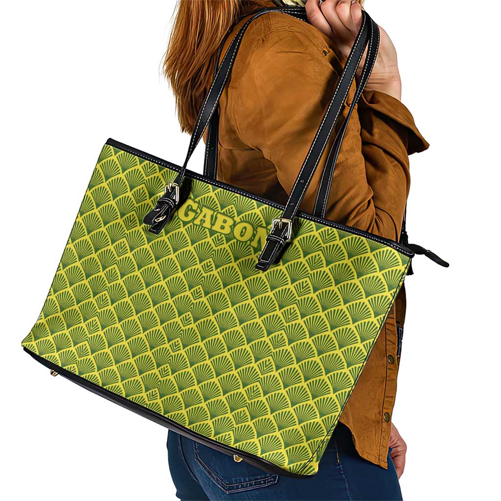 Gabon Tribal Pattern Leather Tote Bag with National Flag Colors and Bold Text Design