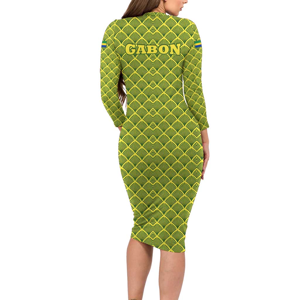 Gabon Tribal Pattern Long Sleeve Bodycon Dress with National Flag Colors and Bold Text Design