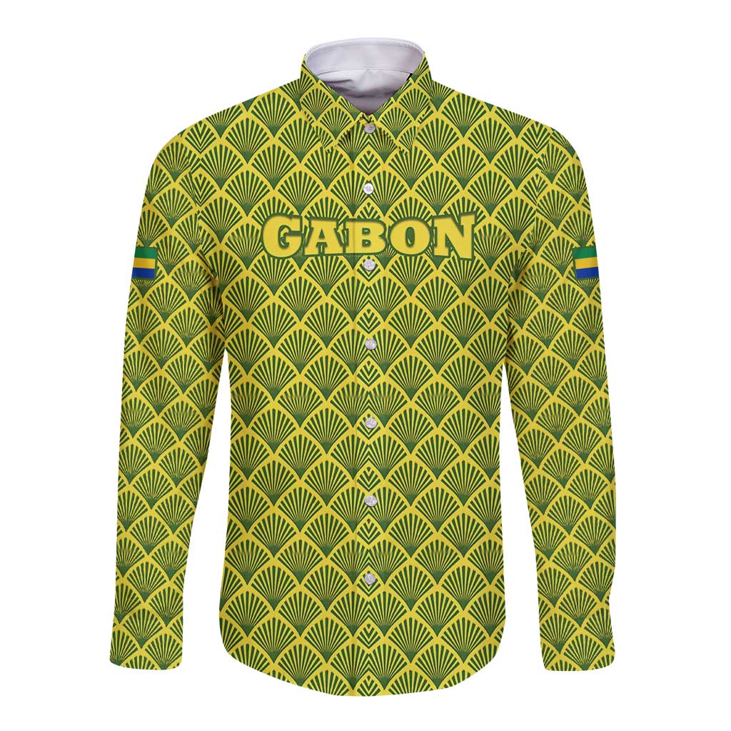 Gabon Tribal Pattern Long Sleeve Button Shirt with National Flag Colors and Bold Text Design
