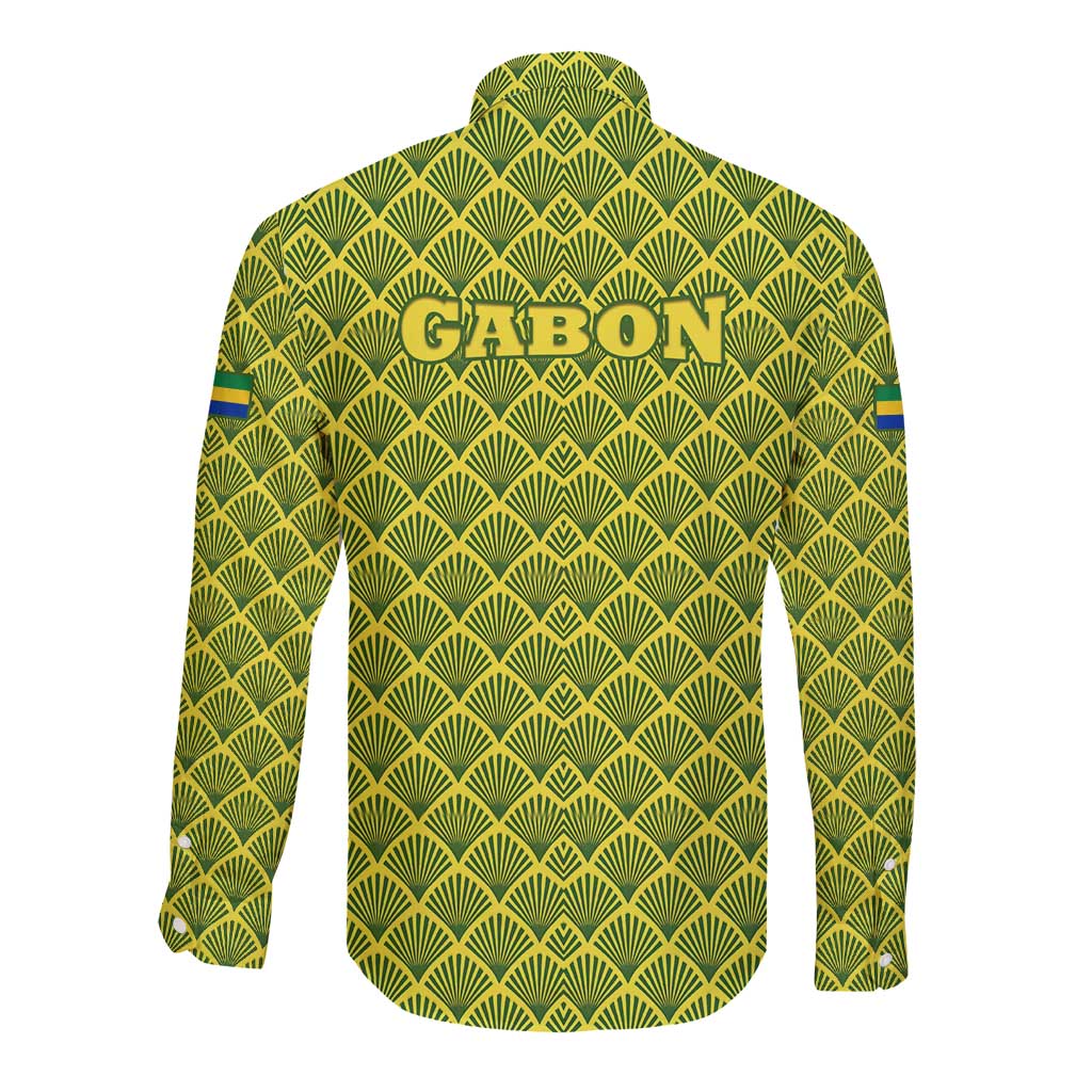 Gabon Tribal Pattern Long Sleeve Button Shirt with National Flag Colors and Bold Text Design