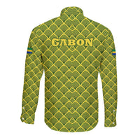Gabon Tribal Pattern Long Sleeve Button Shirt with National Flag Colors and Bold Text Design