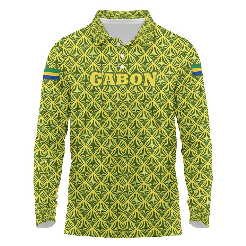 Gabon Tribal Pattern Long Sleeve Polo Shirt with National Flag Colors and Bold Text Design