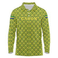Gabon Tribal Pattern Long Sleeve Polo Shirt with National Flag Colors and Bold Text Design