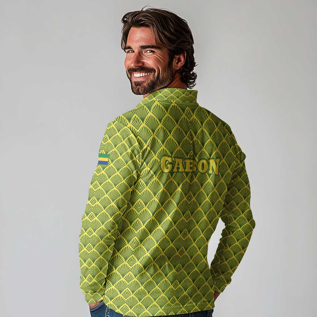 Gabon Tribal Pattern Long Sleeve Polo Shirt with National Flag Colors and Bold Text Design
