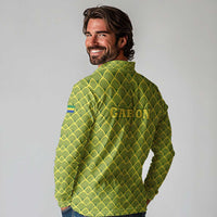 Gabon Tribal Pattern Long Sleeve Polo Shirt with National Flag Colors and Bold Text Design