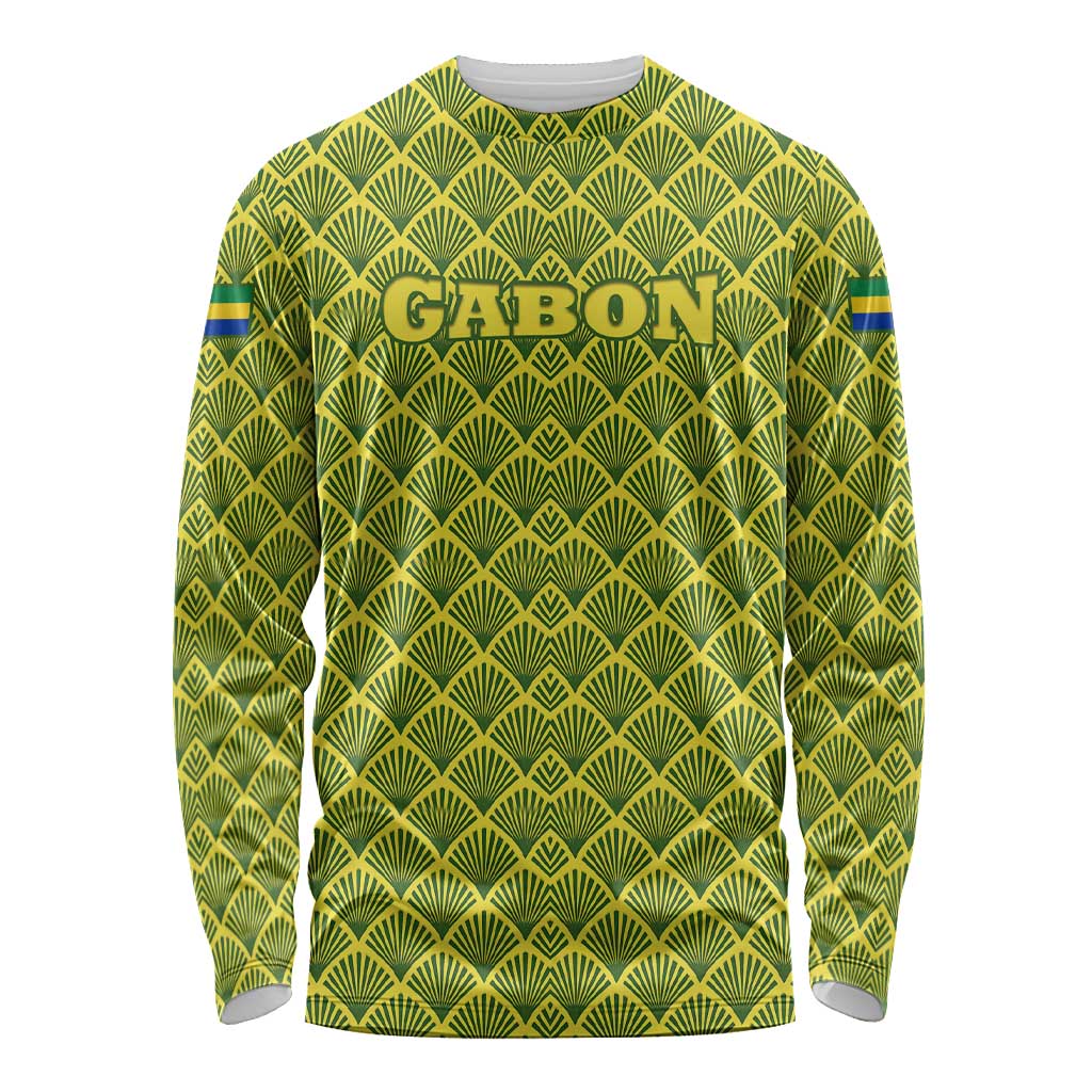 Gabon Tribal Pattern Long Sleeve Shirt with National Flag Colors and Bold Text Design