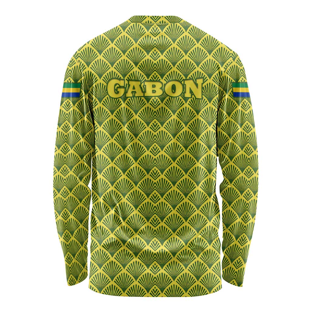 Gabon Tribal Pattern Long Sleeve Shirt with National Flag Colors and Bold Text Design