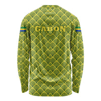 Gabon Tribal Pattern Long Sleeve Shirt with National Flag Colors and Bold Text Design