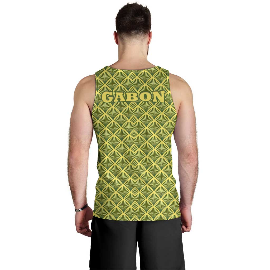 Gabon Tribal Pattern Men Tank Top with National Flag Colors and Bold Text Design