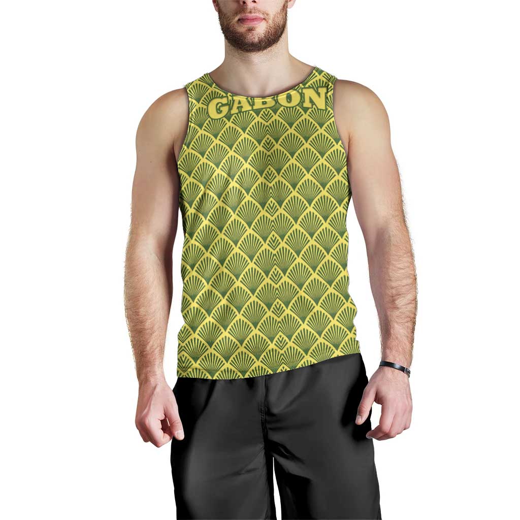 Gabon Tribal Pattern Men Tank Top with National Flag Colors and Bold Text Design