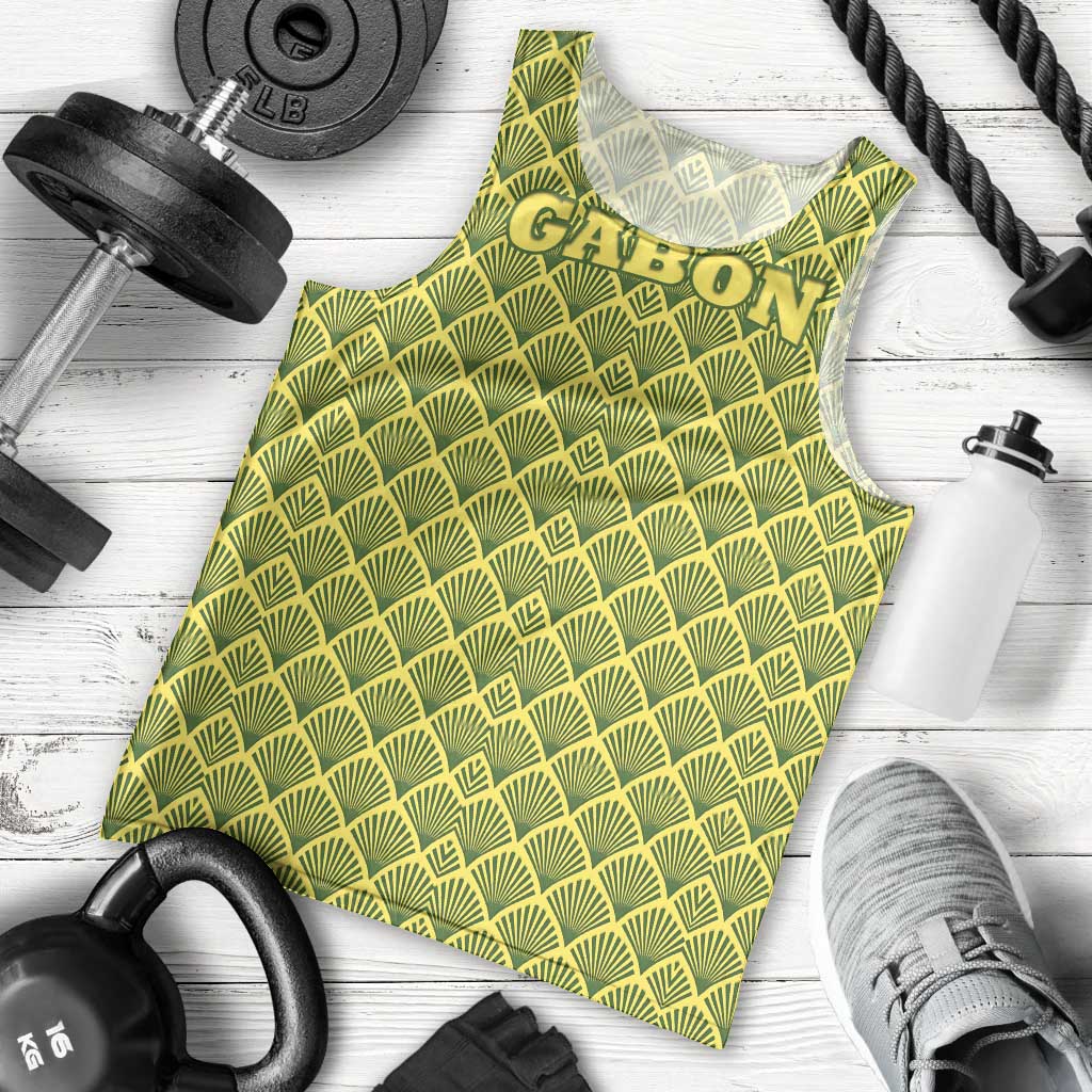 Gabon Tribal Pattern Men Tank Top with National Flag Colors and Bold Text Design