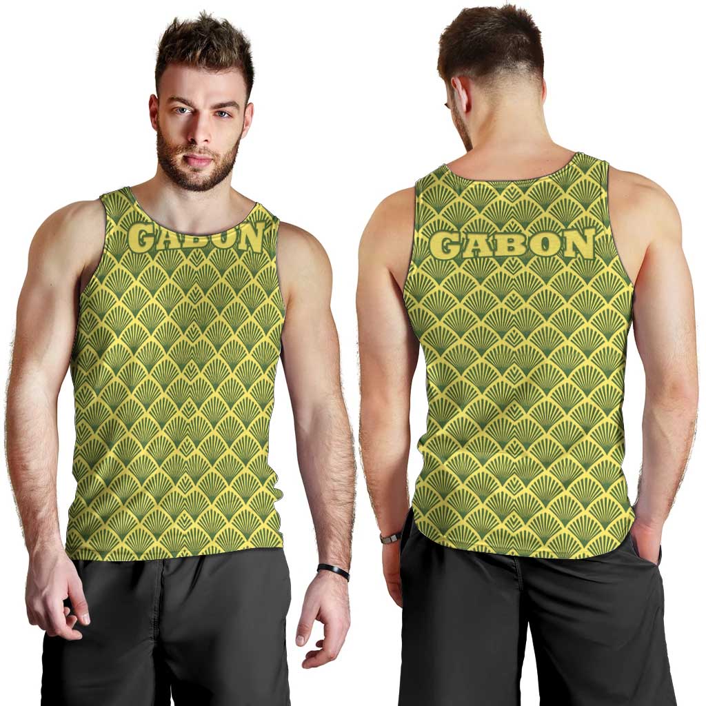 Gabon Tribal Pattern Men Tank Top with National Flag Colors and Bold Text Design