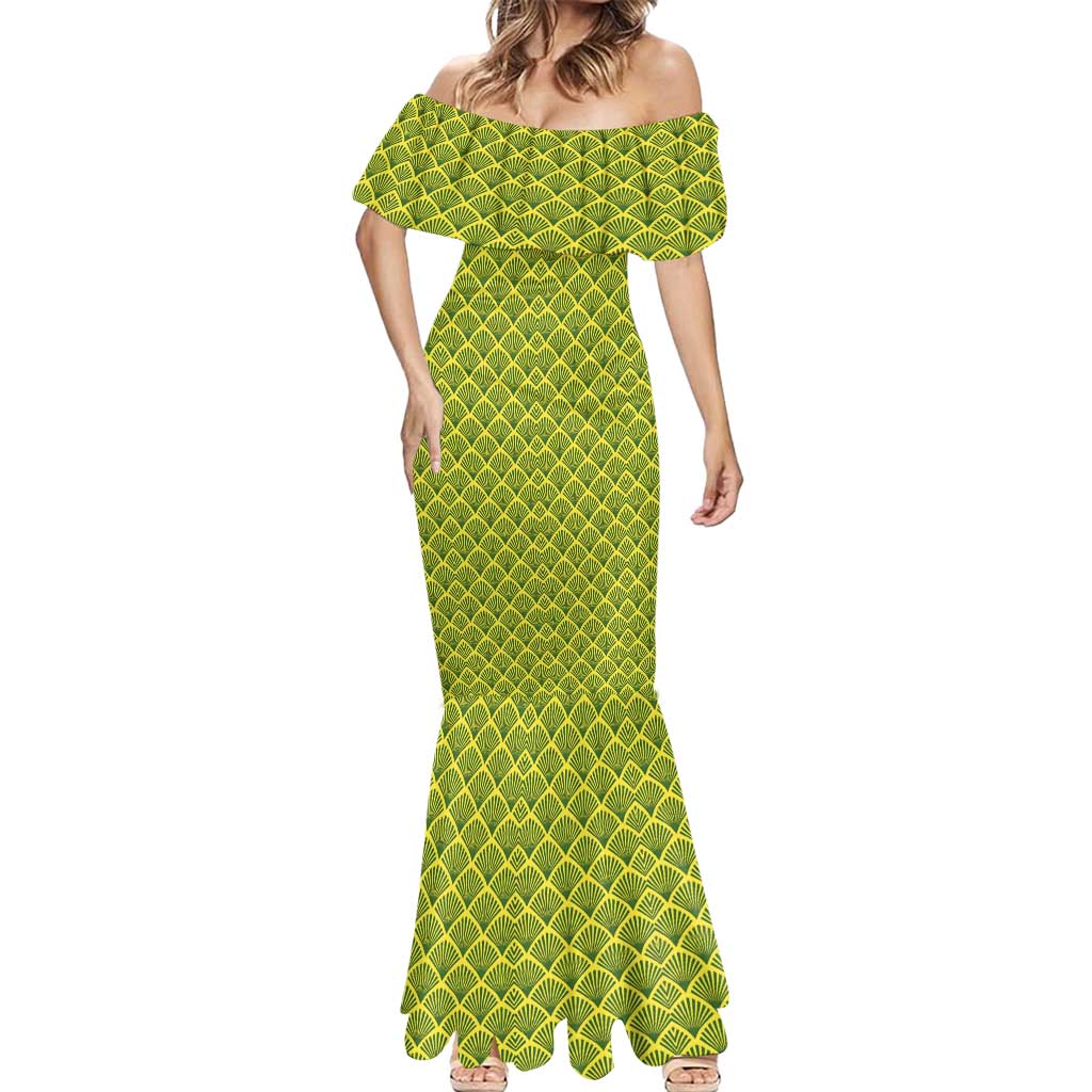 Gabon Tribal Pattern Mermaid Dress with National Flag Colors and Bold Text Design