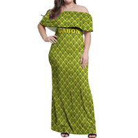 Gabon Tribal Pattern Off Shoulder Maxi Dress with National Flag Colors and Bold Text Design