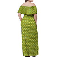 Gabon Tribal Pattern Off Shoulder Maxi Dress with National Flag Colors and Bold Text Design