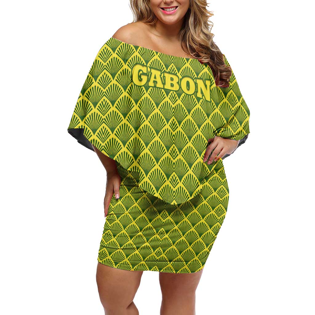 Gabon Tribal Pattern Off Shoulder Short Dress with National Flag Colors and Bold Text Design