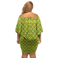 Gabon Tribal Pattern Off Shoulder Short Dress with National Flag Colors and Bold Text Design
