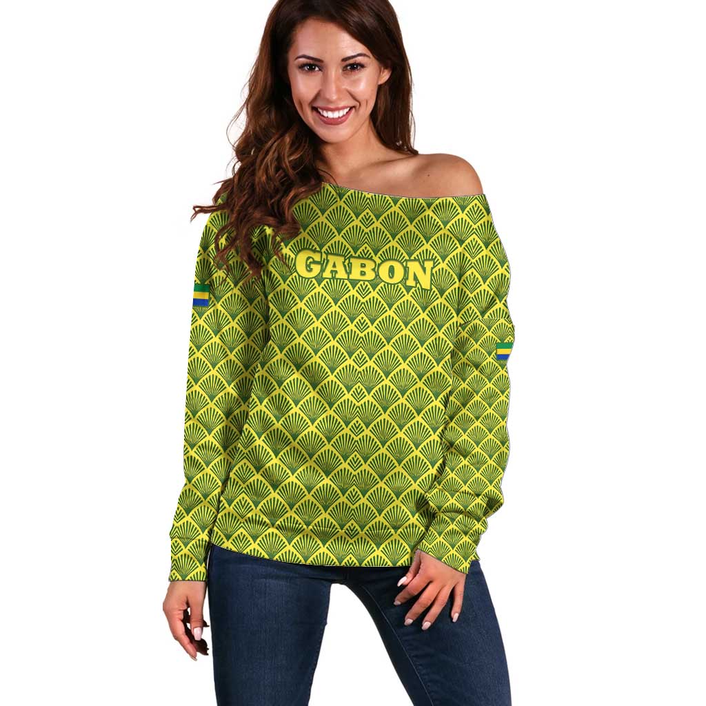 Gabon Tribal Pattern Off Shoulder Sweater with National Flag Colors and Bold Text Design