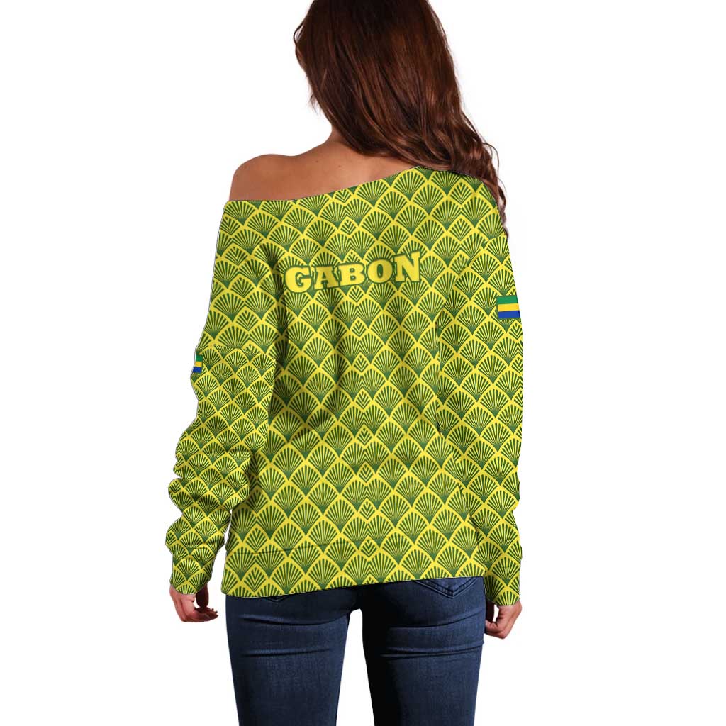 Gabon Tribal Pattern Off Shoulder Sweater with National Flag Colors and Bold Text Design