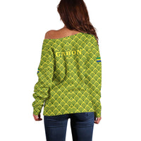 Gabon Tribal Pattern Off Shoulder Sweater with National Flag Colors and Bold Text Design