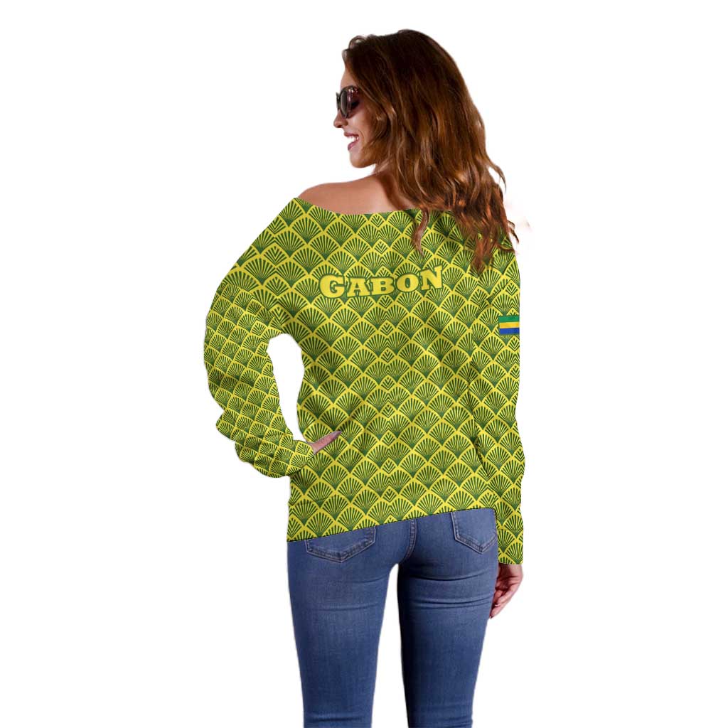 Gabon Tribal Pattern Off Shoulder Sweater with National Flag Colors and Bold Text Design