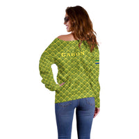 Gabon Tribal Pattern Off Shoulder Sweater with National Flag Colors and Bold Text Design