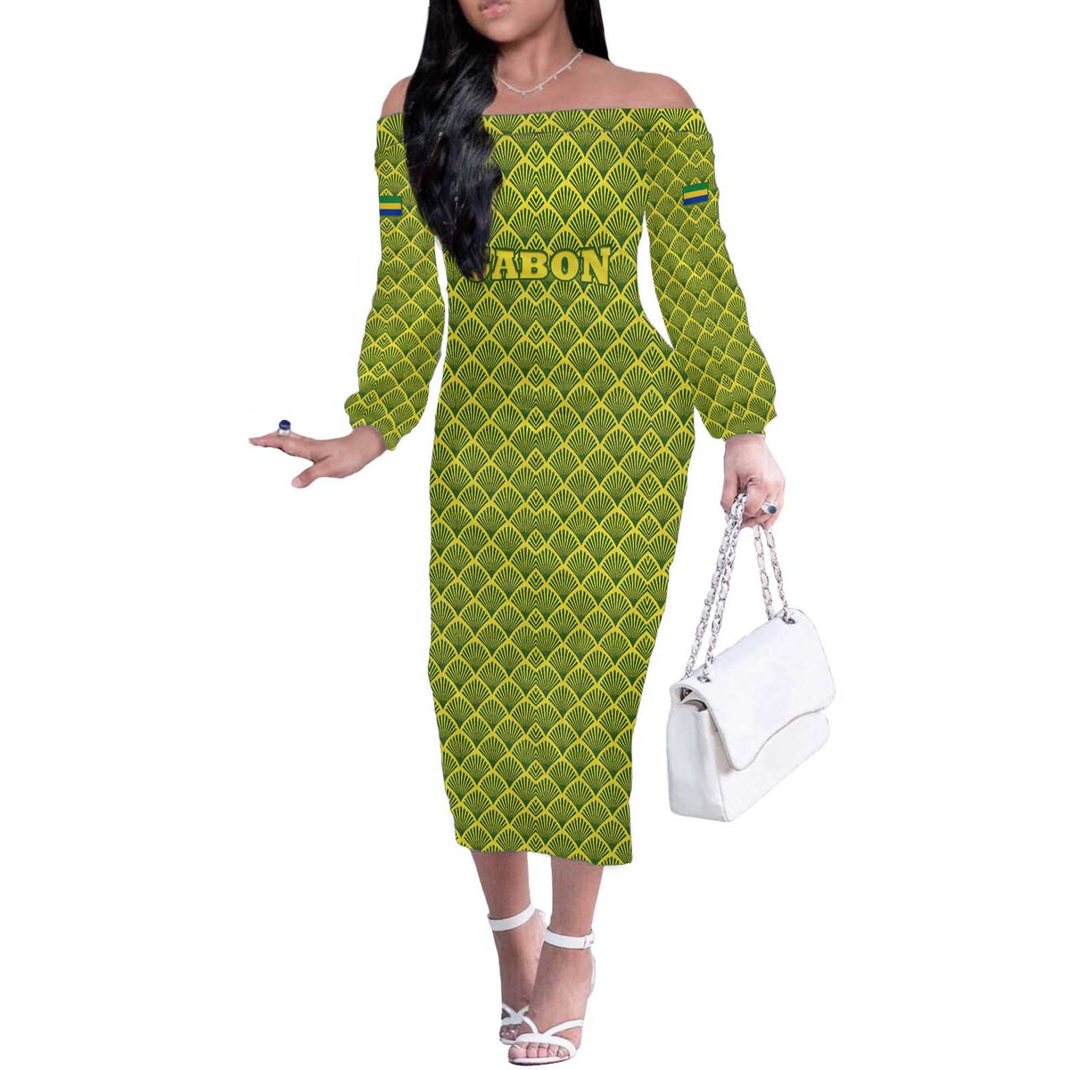 Gabon Tribal Pattern Off The Shoulder Long Sleeve Dress with National Flag Colors and Bold Text Design
