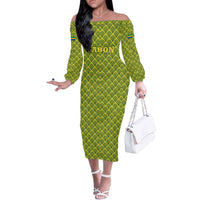 Gabon Tribal Pattern Off The Shoulder Long Sleeve Dress with National Flag Colors and Bold Text Design
