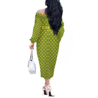 Gabon Tribal Pattern Off The Shoulder Long Sleeve Dress with National Flag Colors and Bold Text Design