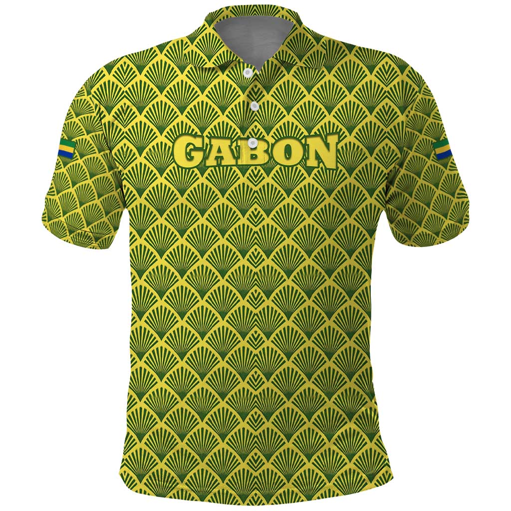 Gabon Tribal Pattern Polo Shirt with National Flag Colors and Bold Text Design
