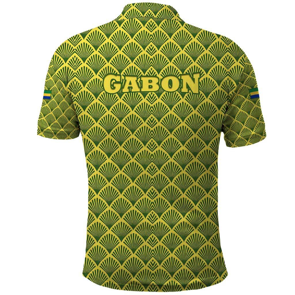 Gabon Tribal Pattern Polo Shirt with National Flag Colors and Bold Text Design
