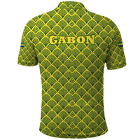 Gabon Tribal Pattern Polo Shirt with National Flag Colors and Bold Text Design