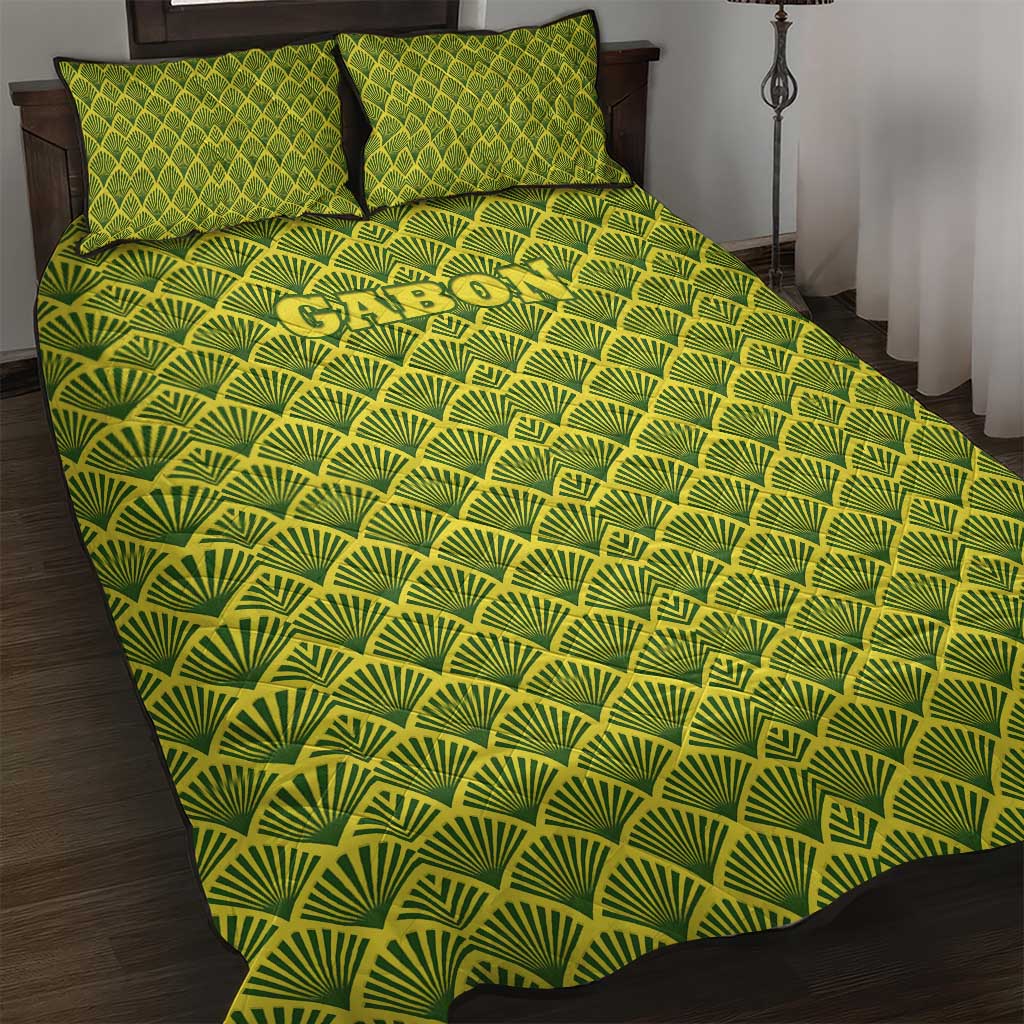 Gabon Tribal Pattern Quilt Bed Set with National Flag Colors and Bold Text Design