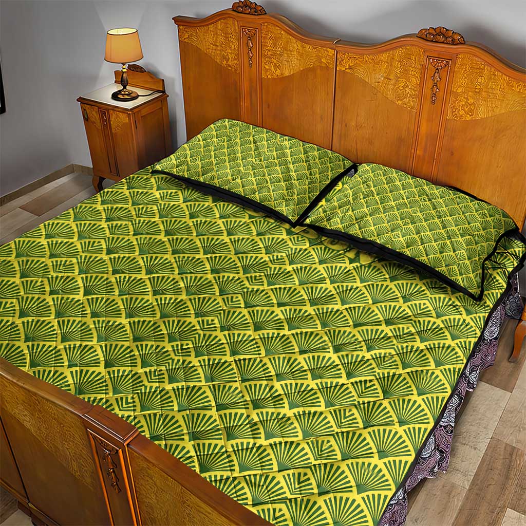 Gabon Tribal Pattern Quilt Bed Set with National Flag Colors and Bold Text Design