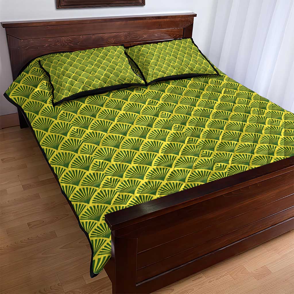 Gabon Tribal Pattern Quilt Bed Set with National Flag Colors and Bold Text Design