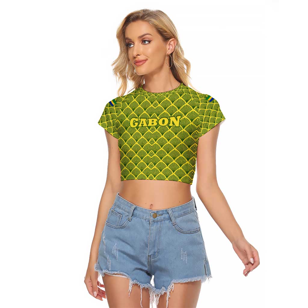 Gabon Tribal Pattern Raglan Cropped T Shirt with National Flag Colors and Bold Text Design