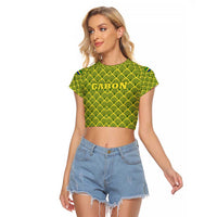Gabon Tribal Pattern Raglan Cropped T Shirt with National Flag Colors and Bold Text Design