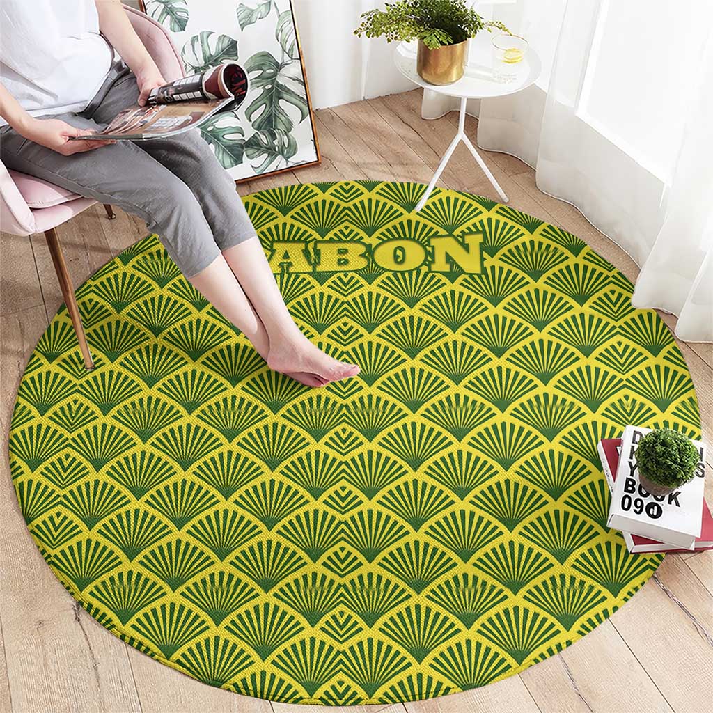 Gabon Tribal Pattern Round Carpet with National Flag Colors and Bold Text Design
