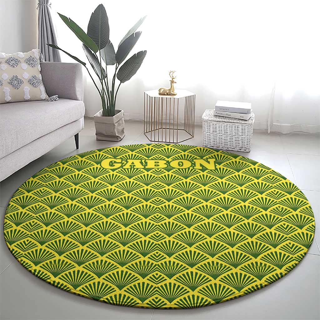 Gabon Tribal Pattern Round Carpet with National Flag Colors and Bold Text Design