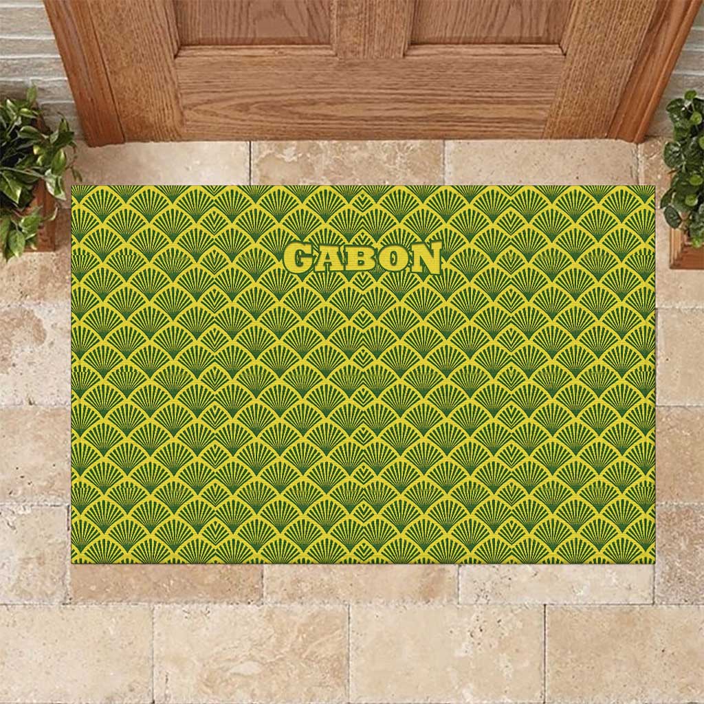 Gabon Tribal Pattern Rubber Doormat with National Flag Colors and Bold Text Design