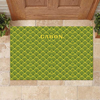 Gabon Tribal Pattern Rubber Doormat with National Flag Colors and Bold Text Design