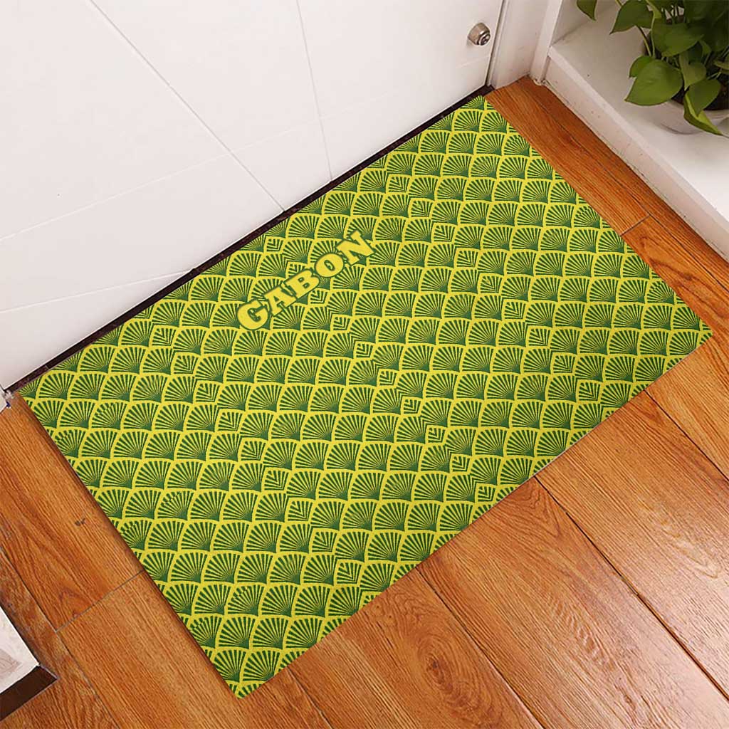 Gabon Tribal Pattern Rubber Doormat with National Flag Colors and Bold Text Design