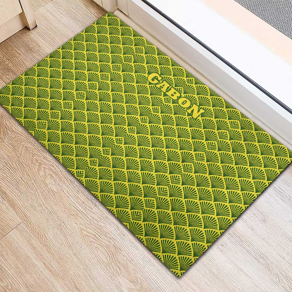 Gabon Tribal Pattern Rubber Doormat with National Flag Colors and Bold Text Design