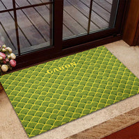 Gabon Tribal Pattern Rubber Doormat with National Flag Colors and Bold Text Design