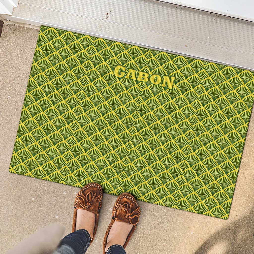 Gabon Tribal Pattern Rubber Doormat with National Flag Colors and Bold Text Design