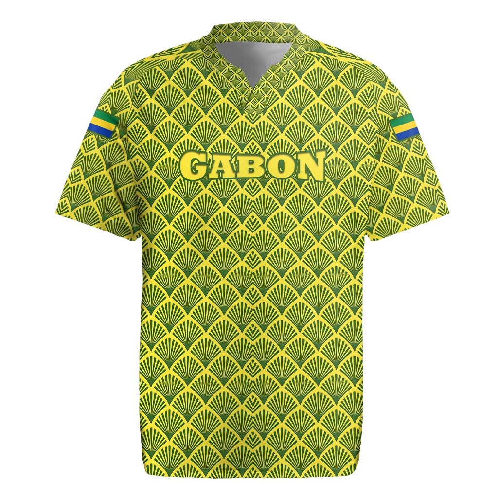 Gabon Tribal Pattern Rugby Jersey with National Flag Colors and Bold Text Design