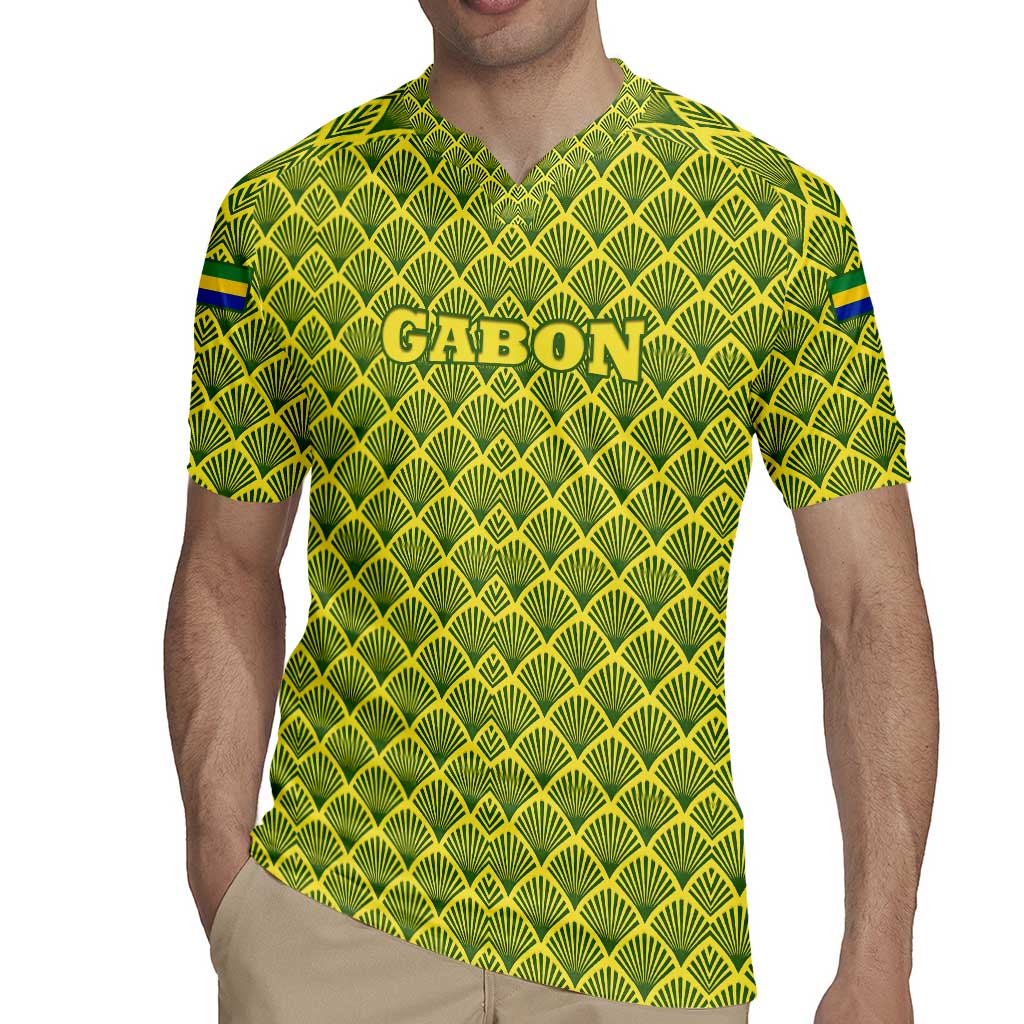 Gabon Tribal Pattern Rugby Jersey with National Flag Colors and Bold Text Design
