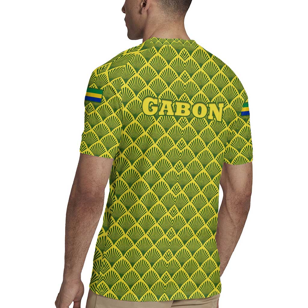 Gabon Tribal Pattern Rugby Jersey with National Flag Colors and Bold Text Design