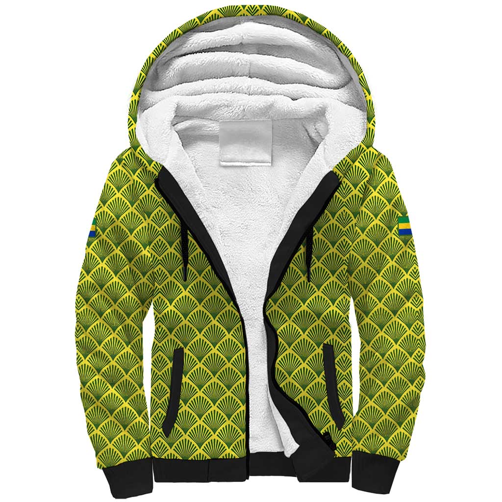 Gabon Tribal Pattern Sherpa Hoodie with National Flag Colors and Bold Text Design