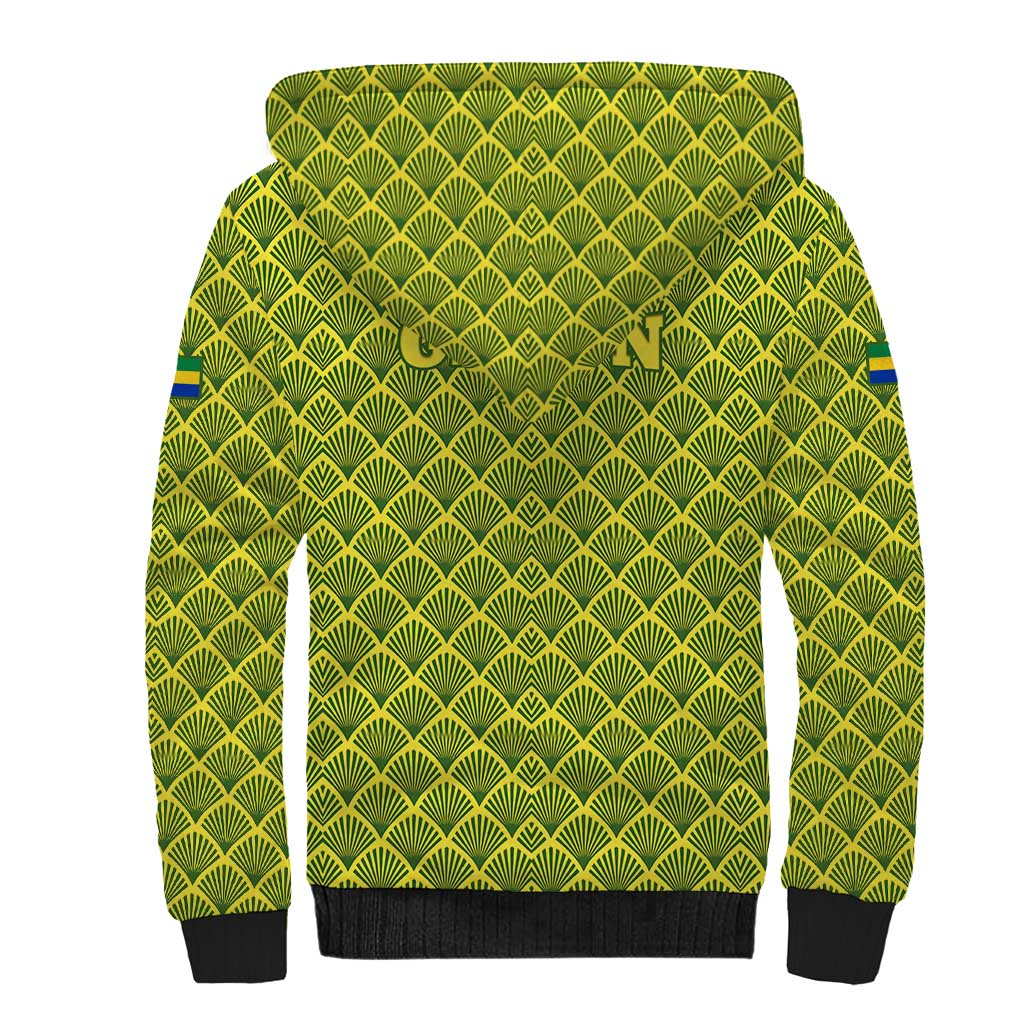 Gabon Tribal Pattern Sherpa Hoodie with National Flag Colors and Bold Text Design